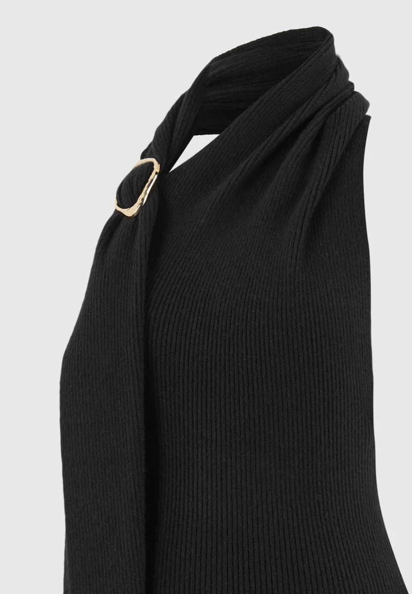 Elodie - Knitted Draped Halterneck Top - Black - Image 7