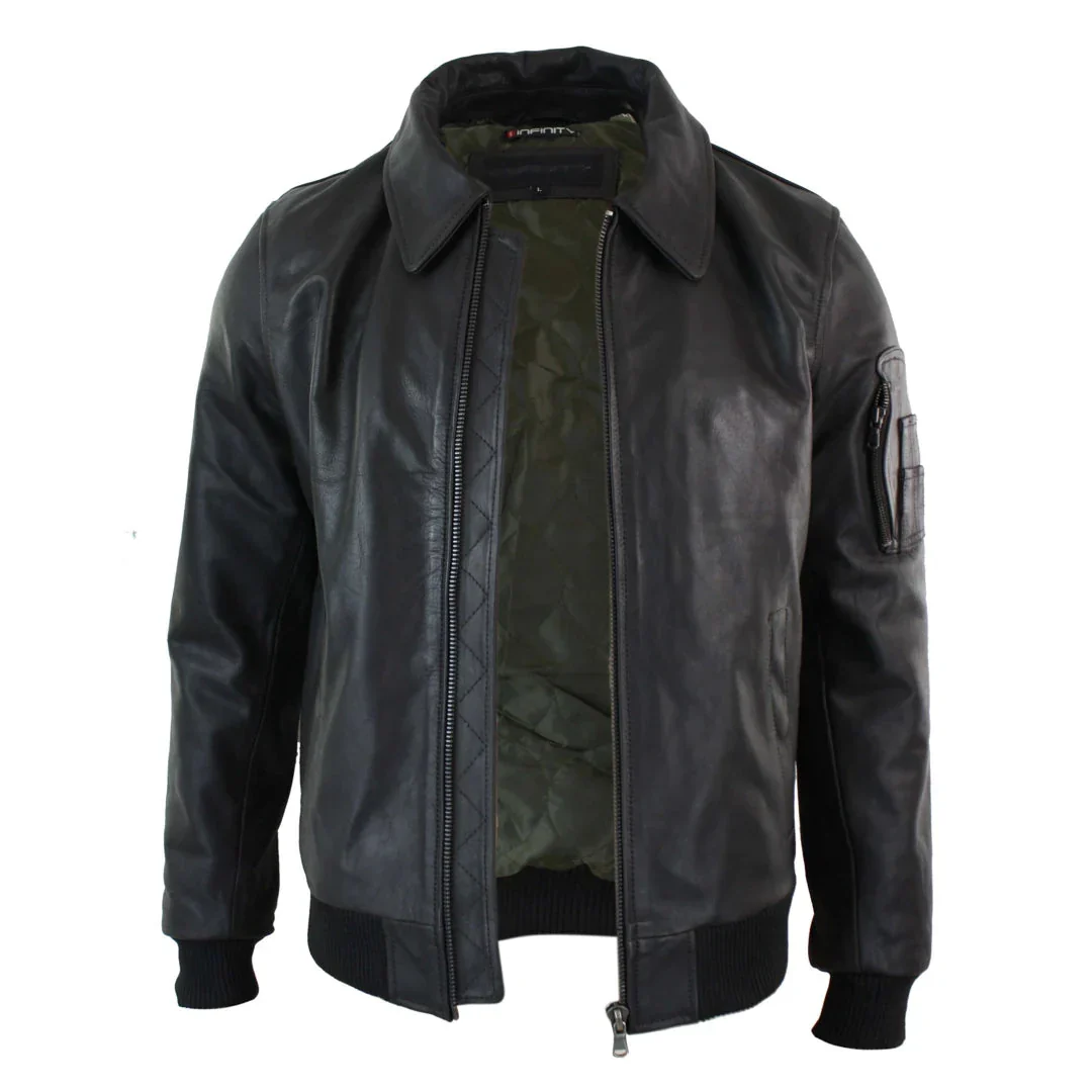 Jaqueta Bomber Clássica de Piloto Harrington Masculina em Couro Marrom - Image 5