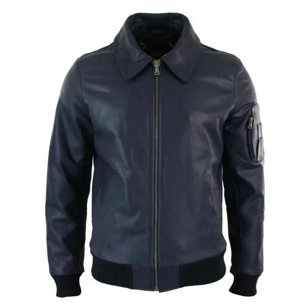 Jaqueta Bomber Harrington Clássica de Piloto Masculina em Couro Azul Marinho