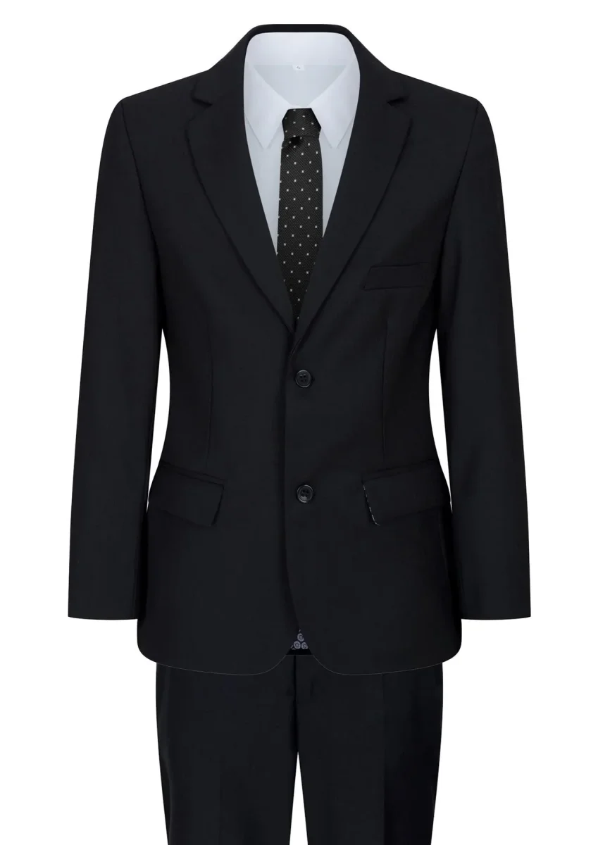Terno preto de 5 peças para menino: blazer, colete, camisa, gravata e calça para casamento e funeral.