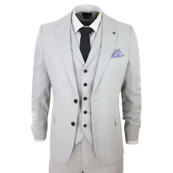 Terno masculino de linho de 3 peças, respirável, para casamento, em algodão cinza claro.