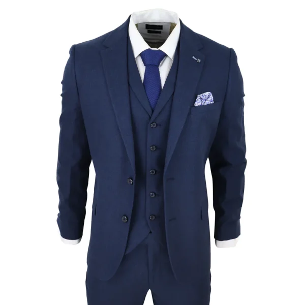 Terno masculino de linho de 3 peças, respirável, para casamento no verão, em algodão azul marinho.