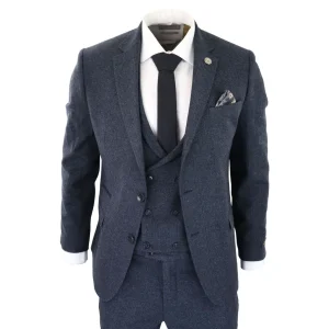 Terno masculino de 3 peças em tweed azul espinha de peixe