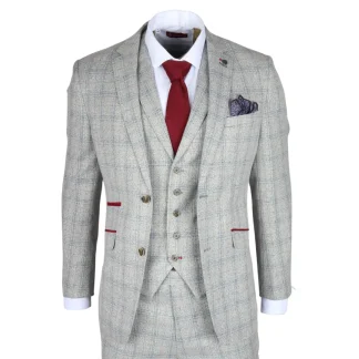 Terno Andrew masculino de 3 peças, cinza xadrez, corte slim, com detalhes em vermelho.