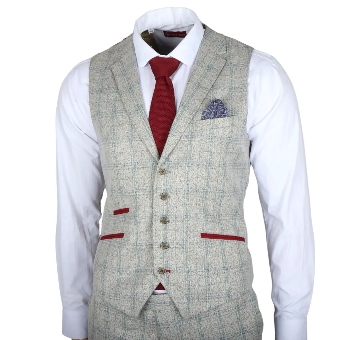 Terno Andrew masculino de 3 peças, cinza xadrez, corte slim, com detalhes em vermelho. - Image 7