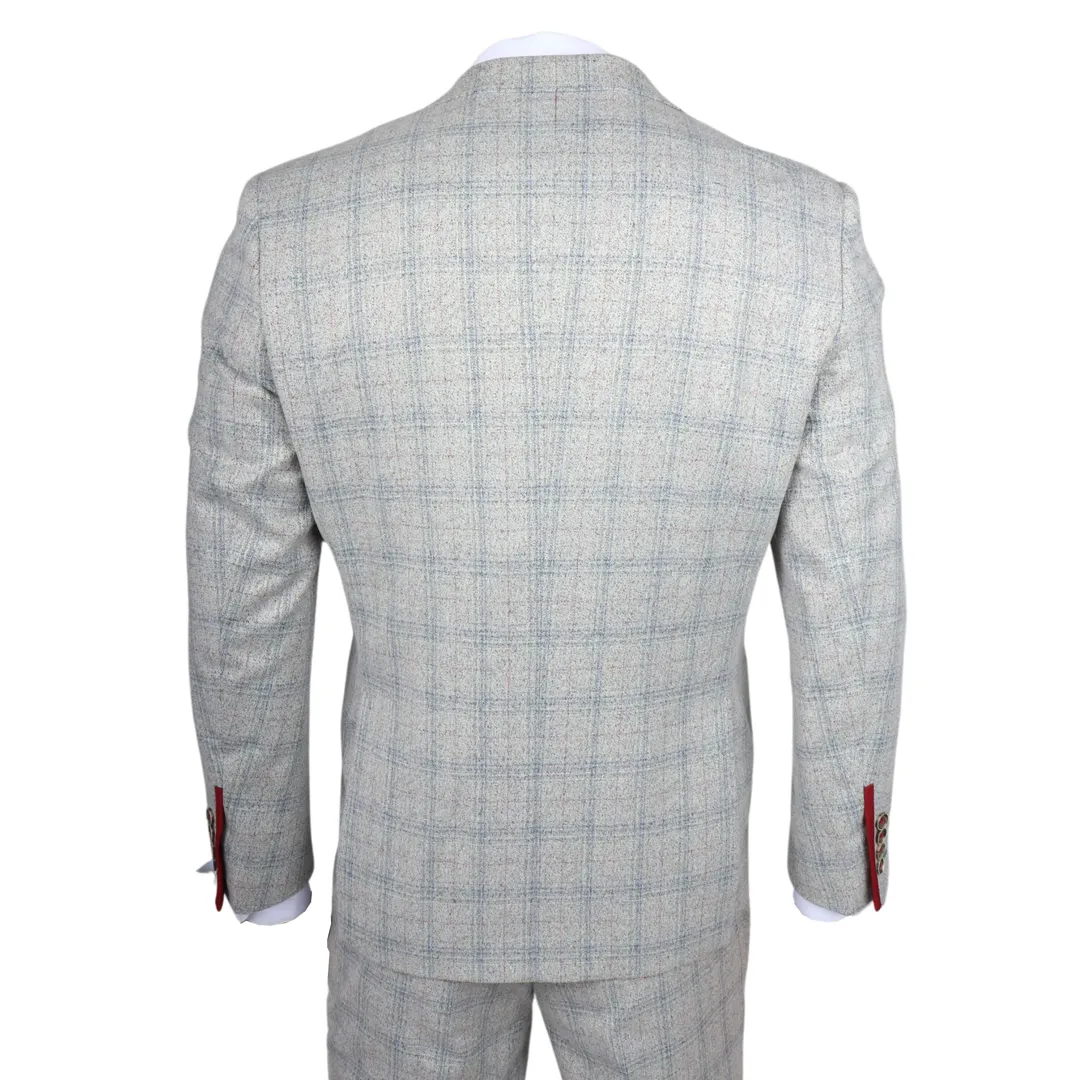 Terno Andrew masculino de 3 peças, cinza xadrez, corte slim, com detalhes em vermelho. - Image 8