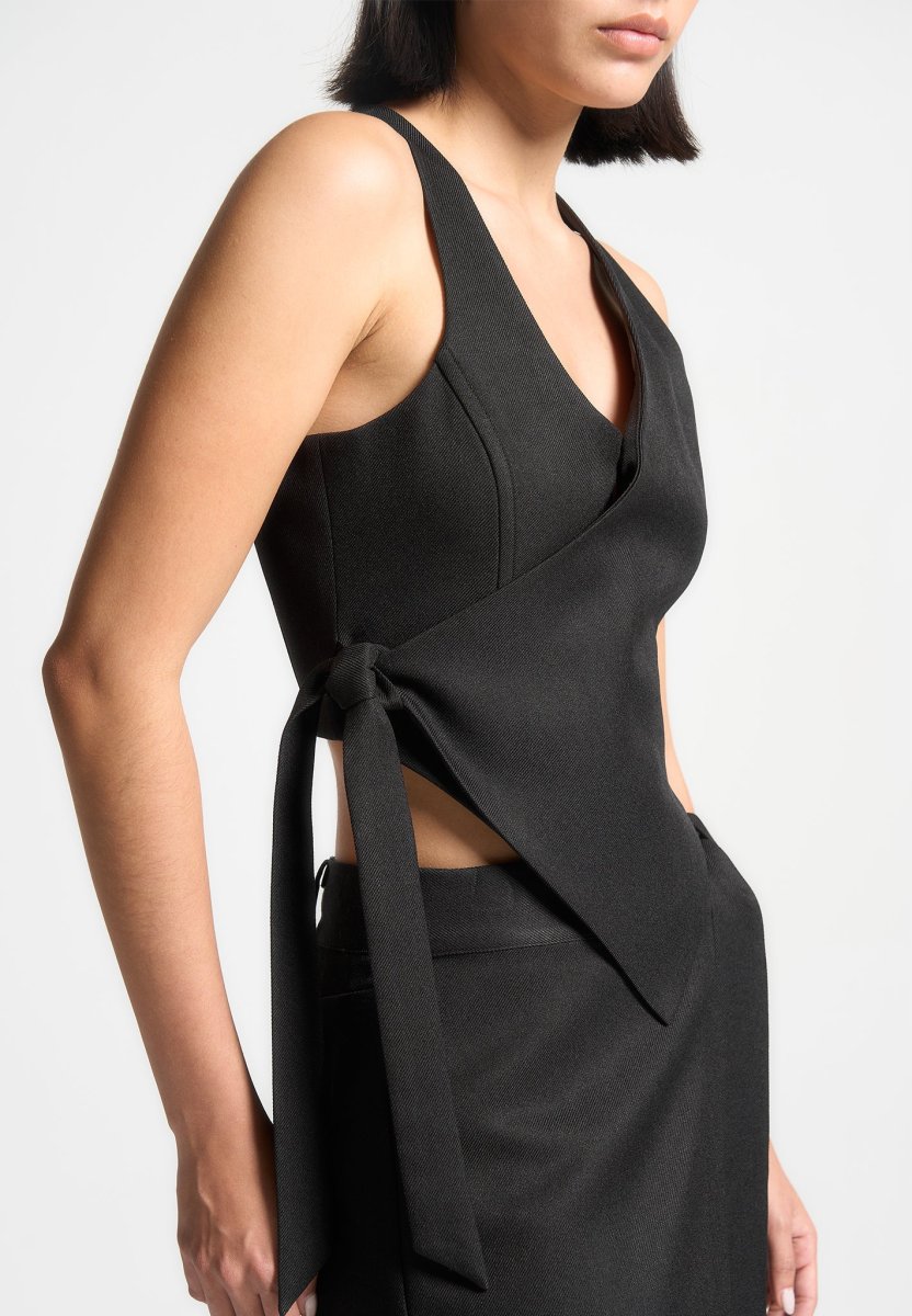 Asymmetric Tailored Waistcoat with Tie - Black - Image 5