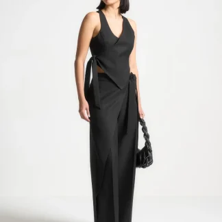 Asymmetric Tailored Waistcoat with Tie - Black