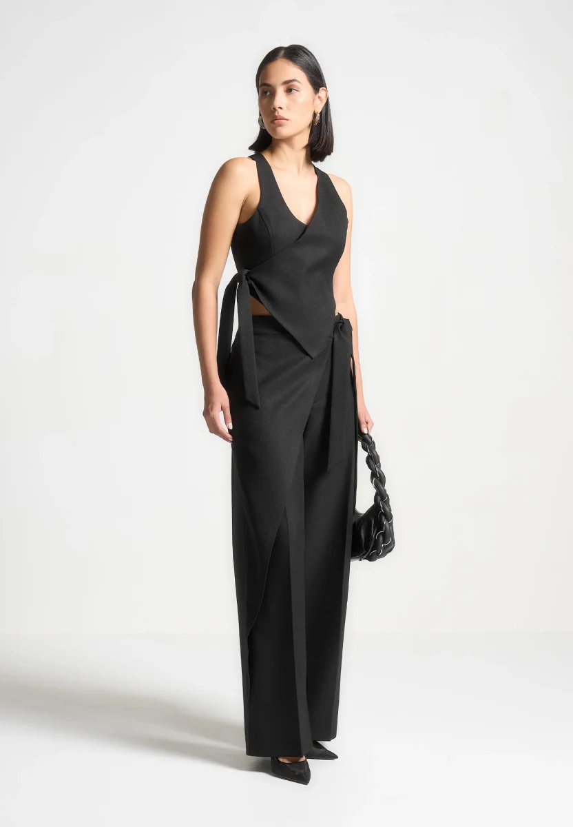 Asymmetric Tailored Waistcoat with Tie - Black - Image 2