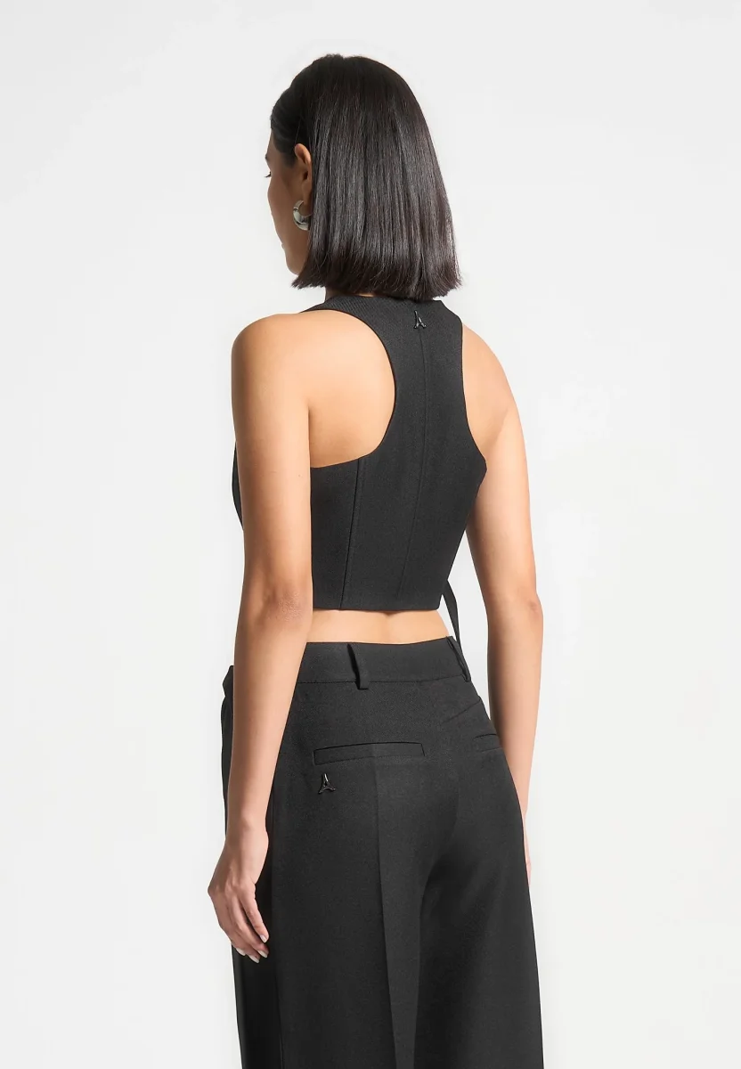 Asymmetric Tailored Waistcoat with Tie - Black - Image 4