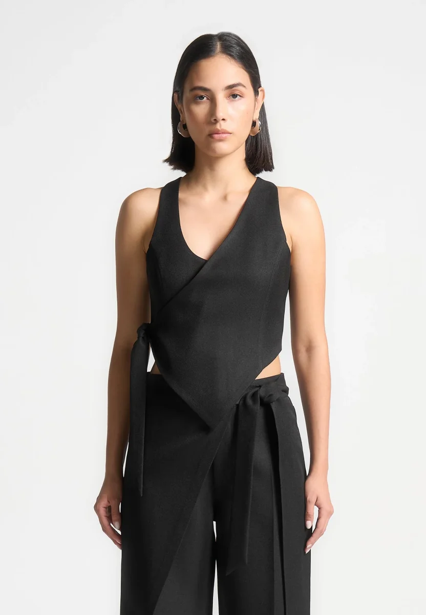 Asymmetric Tailored Waistcoat with Tie - Black - Image 3