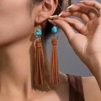Brinco Turquesa Franjas de Couro