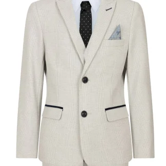 Terno infantil masculino de 3 peças em tweed creme com estampa xadrez, corte sob medida, elegante e formal. Ideal para casamentos e festas.