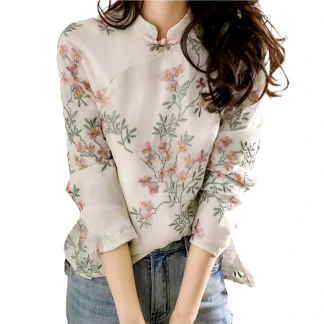 Camisa Floral Bordada Manga Longa