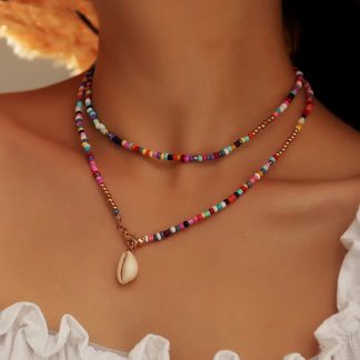 Colar Duplo Miçangas Pingente Búzios