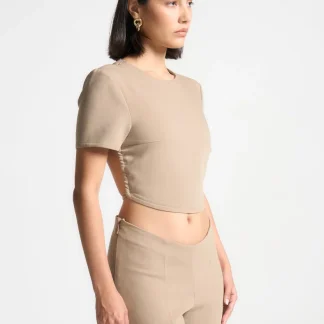 Curved Hem Backless Top with Tie - Dark Beige