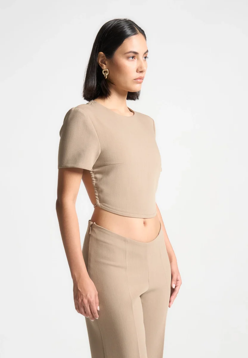 Curved Hem Backless Top with Tie - Dark Beige - Image 2