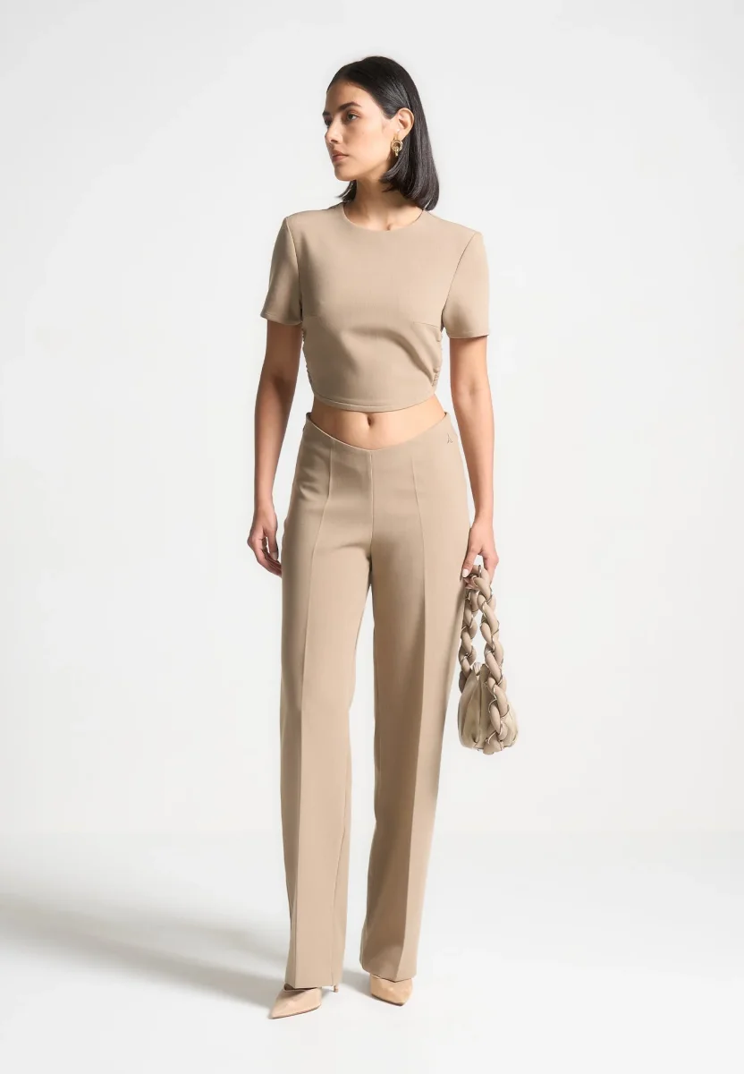 Curved Hem Backless Top with Tie - Dark Beige - Image 3