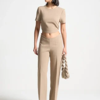 Curved Waist Tailored Pants - Dark Beige