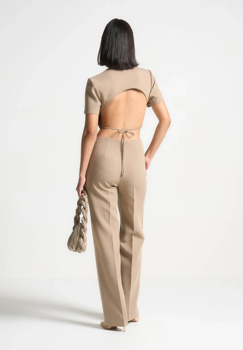Curved Waist Tailored Pants - Dark Beige - Image 4