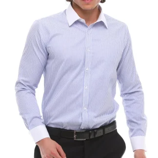Camisa social masculina listrada com botões e gola clássica - Azul