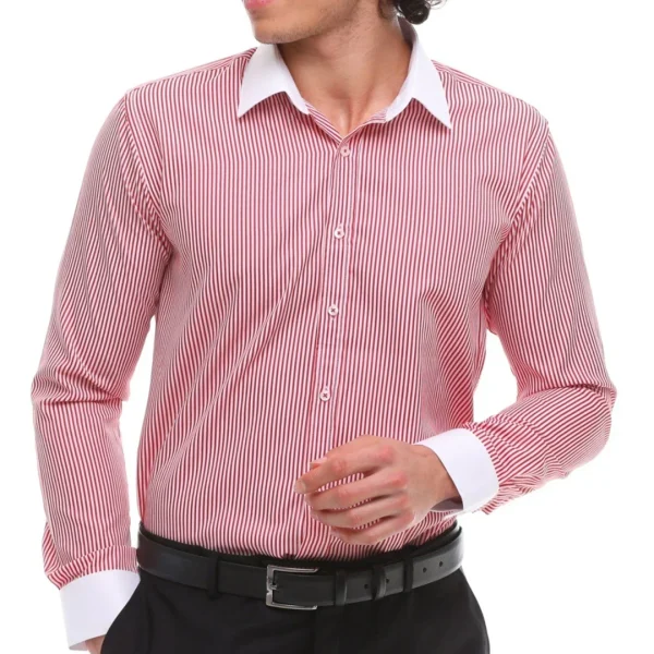 Camisa social masculina listrada com botões e gola clássica - Vermelha