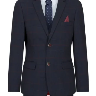 Terno xadrez azul marinho de 3 peças para menino, vermelho, Edinson Marc Darcy, clássico, vintage, para casamento.