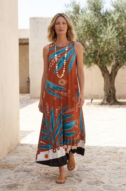 Vestido malha fria padrão tropical terracota/azul- Refª 004358