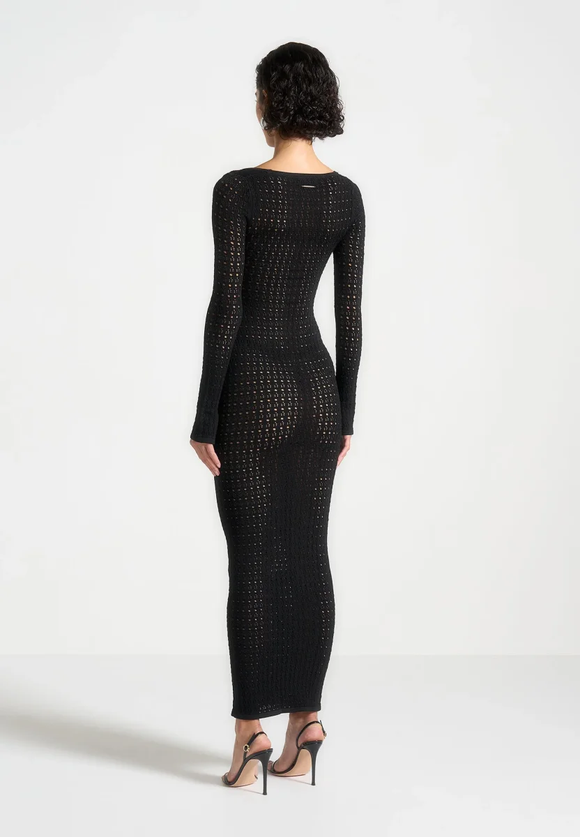 Knitted Scoop Neck Maxi Dress - Black - Image 3