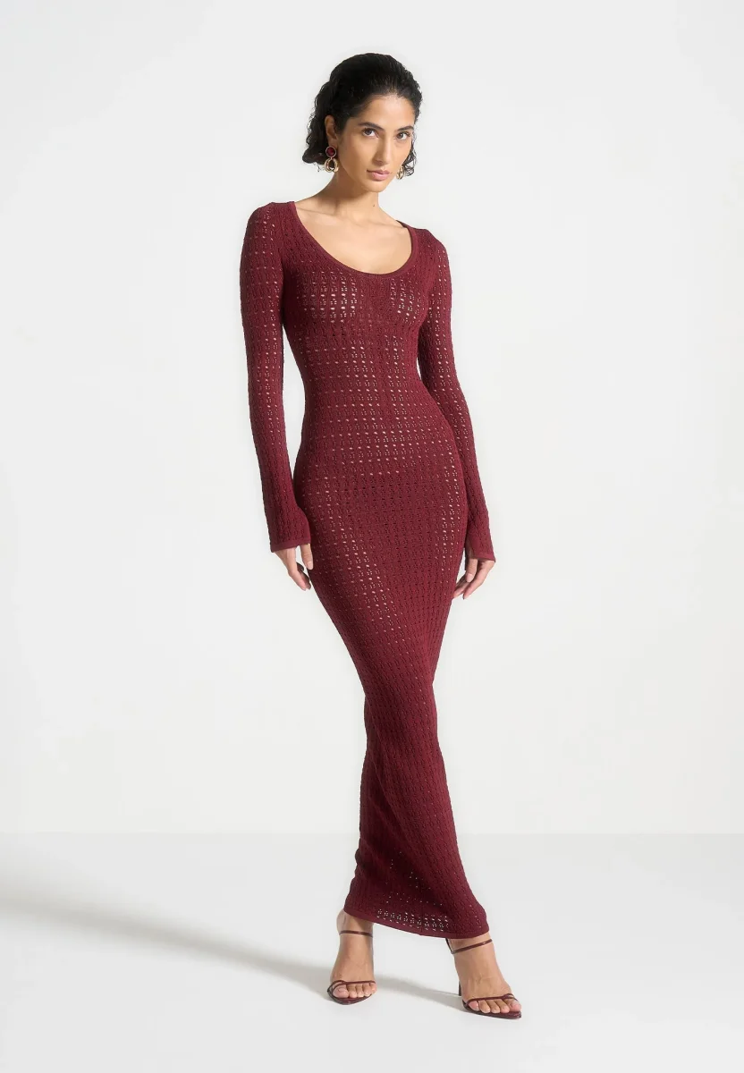 Knitted Scoop Neck Maxi Dress - Wine Red
