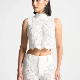 Lace Open Back Top - White