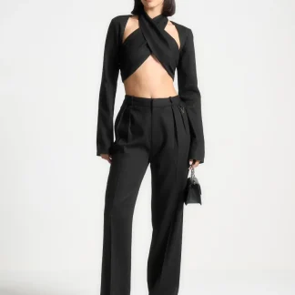Wendy - Linen Crossover Bolero Top - Black