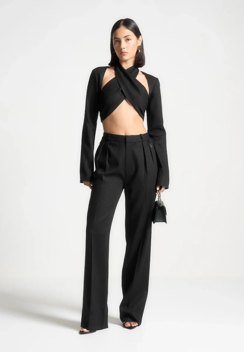 Wendy - Linen Crossover Bolero Top - Black - Image 2