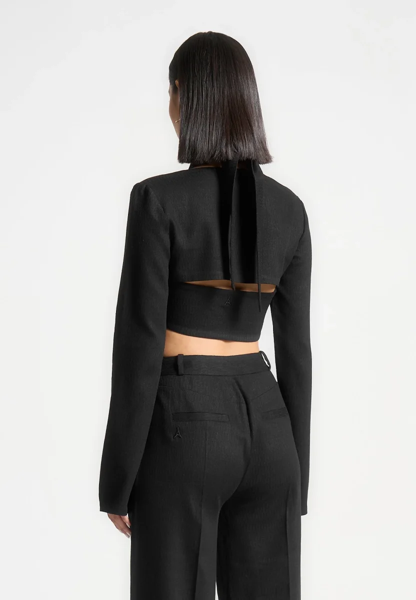 Wendy - Linen Crossover Bolero Top - Black - Image 4