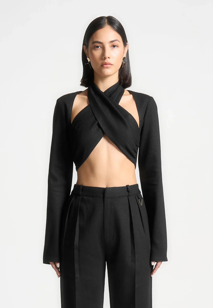 Wendy - Linen Crossover Bolero Top - Black - Image 3