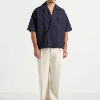 Abel - Boxy Pinstripe Double Breasted Shirt - Navy