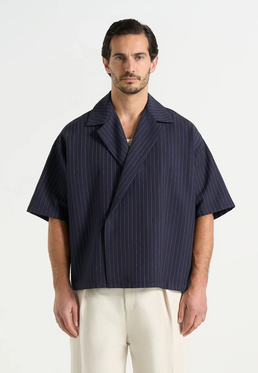 Abel - Boxy Pinstripe Double Breasted Shirt - Navy - Image 3