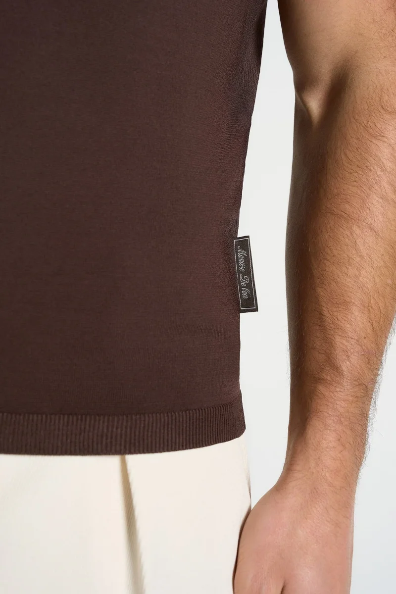PL001 - Luxe Knitted Polo Top - Brown - Image 4