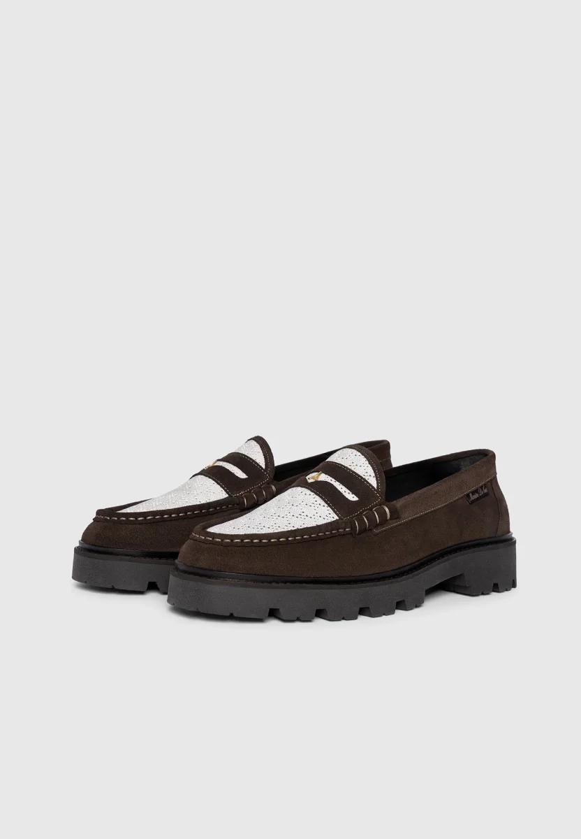 Diego - Suede & Crochet Penny Loafer - Brown/White - Image 9