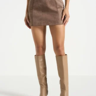 Cleo - Suede A-Line Mini Skirt - Taupe