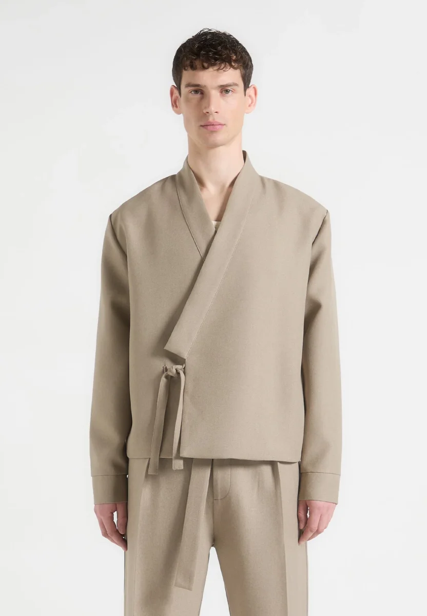 Robin - Textured Kimono Wrap Jacket - Beige - Image 3