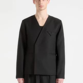 Colin - Collarless Double Breasted Minimal Blazer - Black