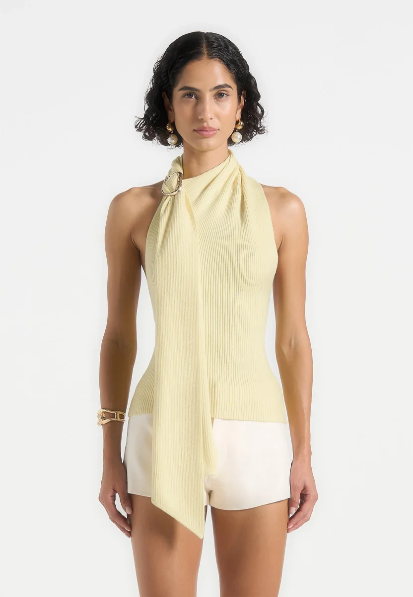 Elodie - Knitted Draped Halterneck Top - Pale Yellow - Image 4