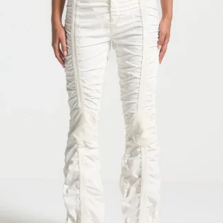 Ruched Pants with Knee Patch - White