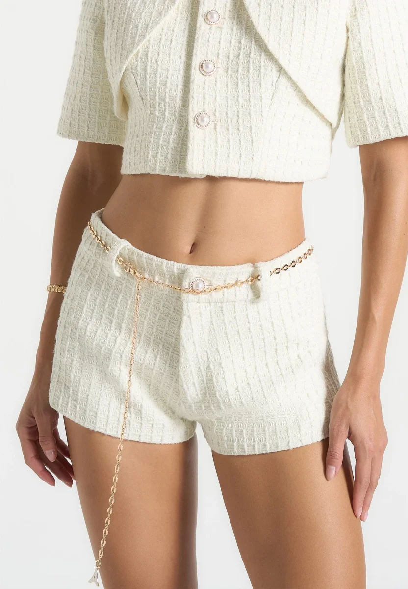 Elina - Tweed Mini Shorts With Belt - Cream - Image 2