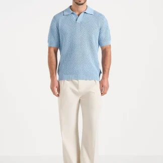 Conrad - Open Knit Polo Shirt - Pale Blue
