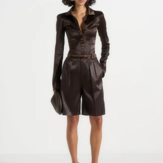 Lorette - Twin Pleat Satin Shorts - Brown
