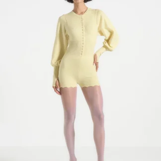 Michele - Knitted Scallop Hem Playsuit - Pale Yellow