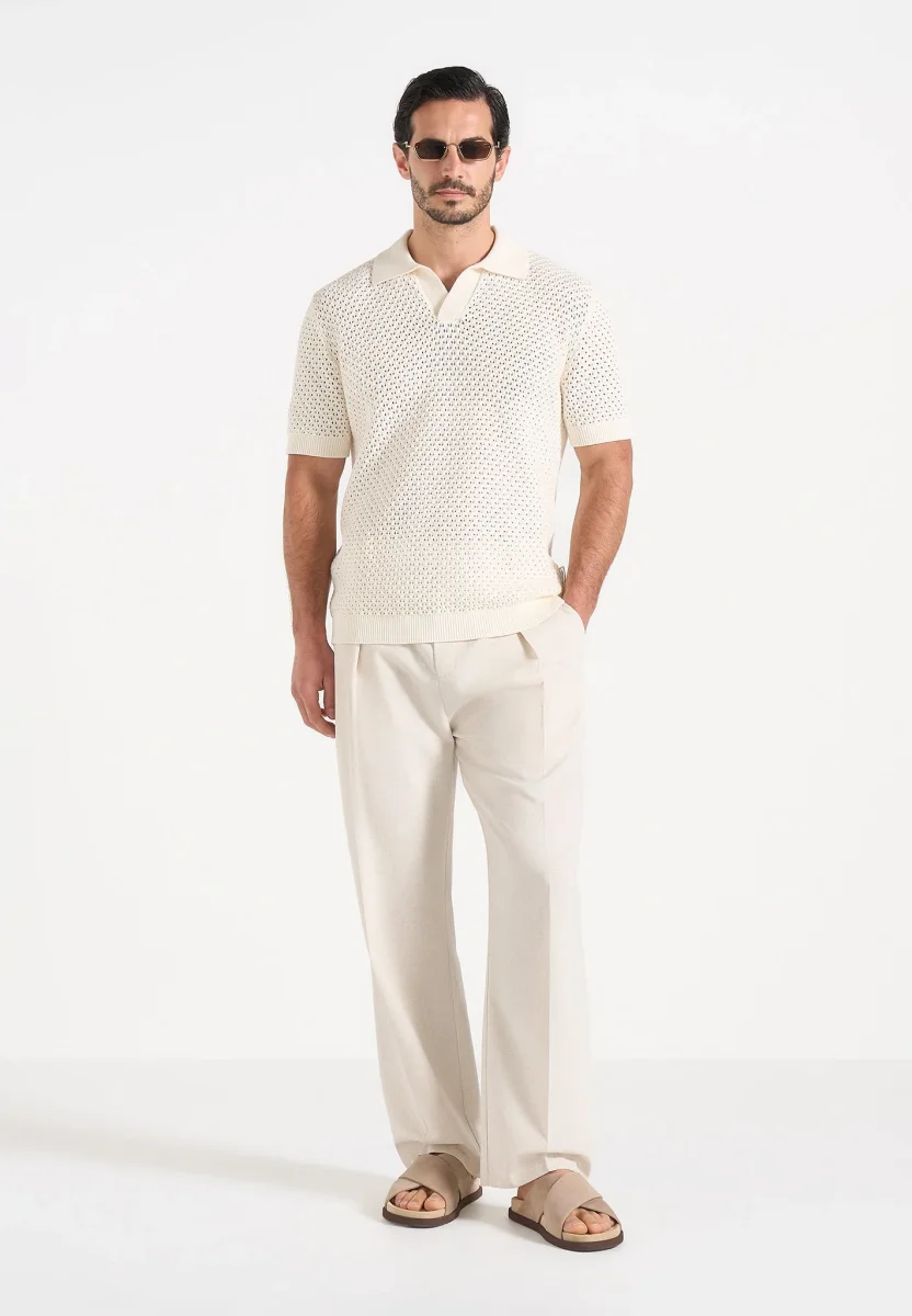 Conrad - Open Knit Polo Shirt - Cream - Image 3