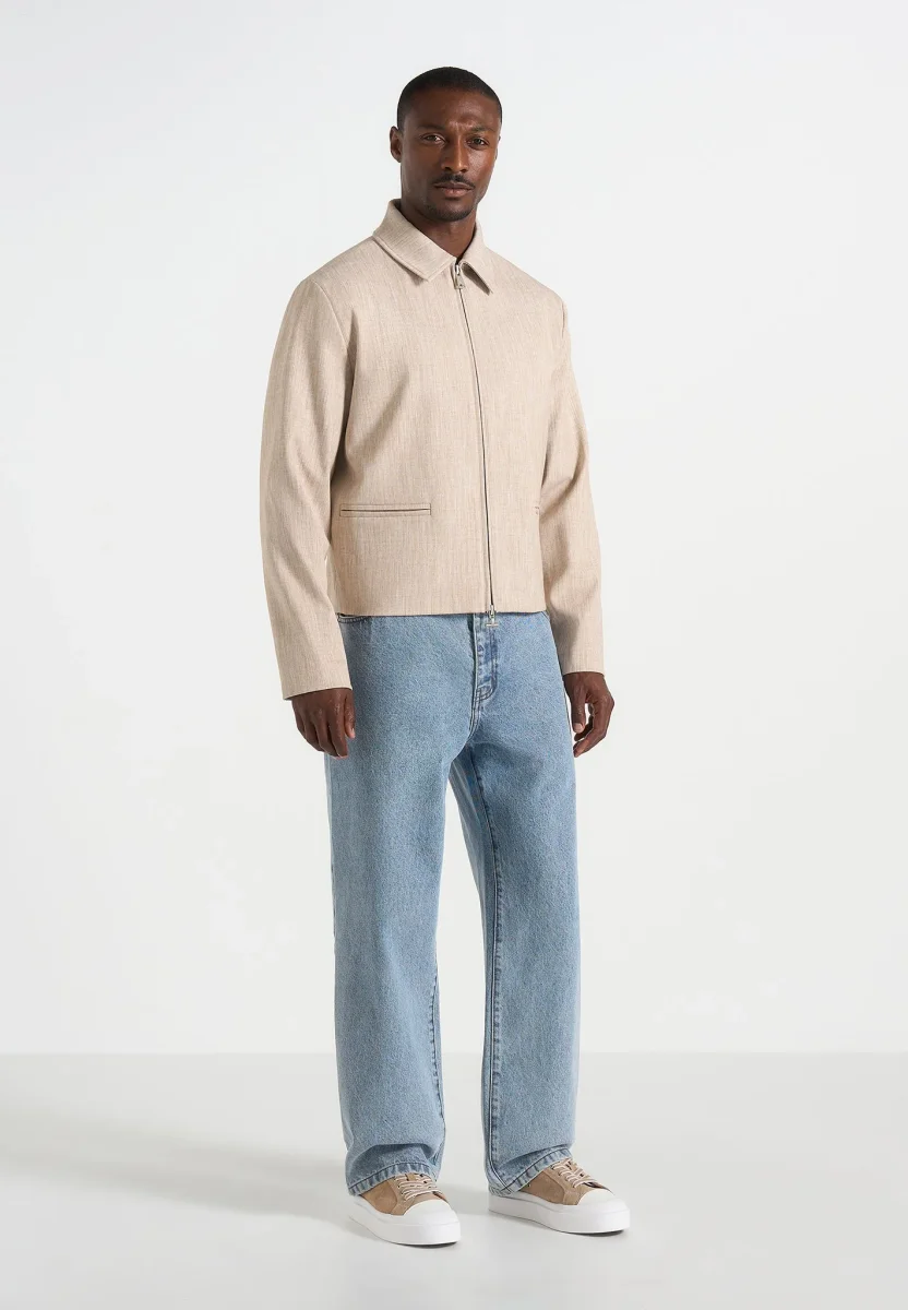 Amir - Boxy Hatched Harrington Jacket - Beige